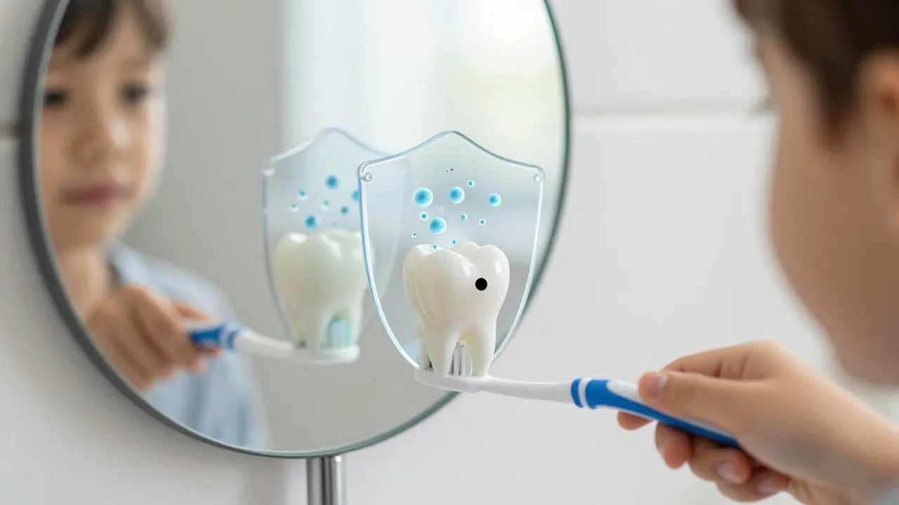 Dítě se zubní kartáčkem a zrcadlem, kde jedna zubní plocha je zdravá, druhá má černou tečku.