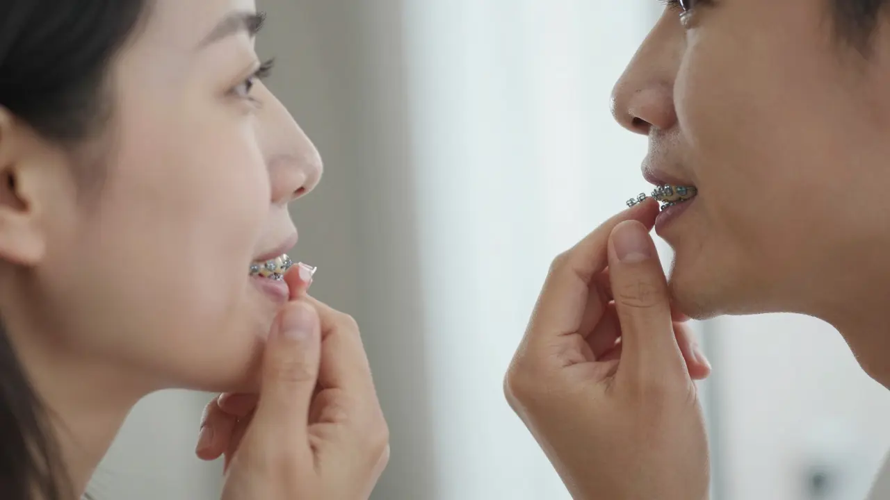 Dospělá osoba s téměř neviditelnými keramickými rovnátky v zrcadle