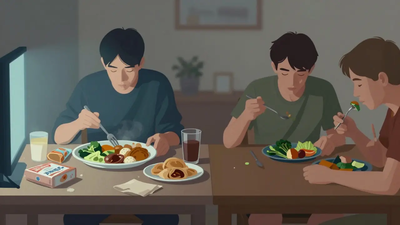 Dvě stoly: jeden s velkým talířem a televizí, druhý s malým talířem a klidným jídelním společníkem.