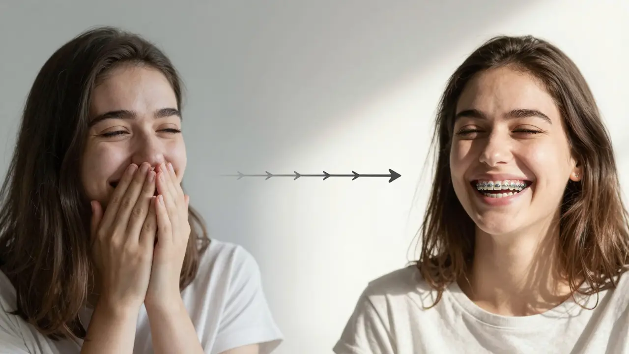 Dvě verze stejné osoby: před a po ortodontické léčbě, symbolizující přechod od nejistoty k sebedůvěře.