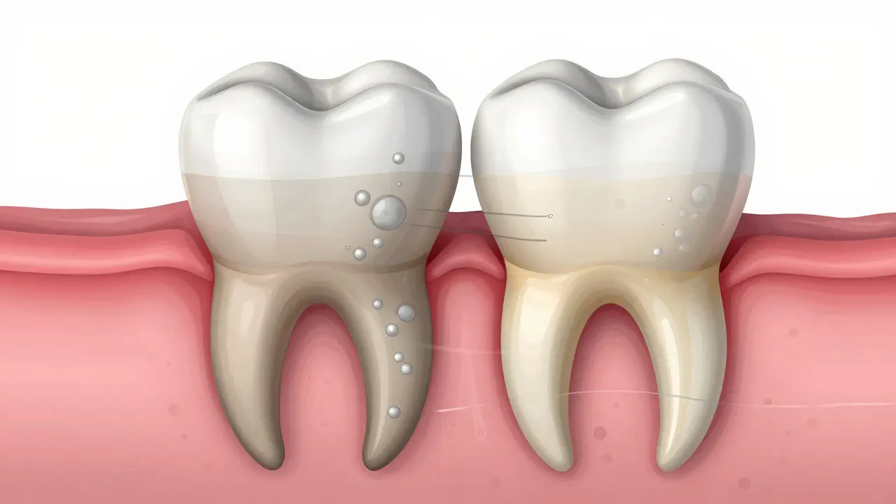 Dynamický proces přestavby kosti kolem zubního kořene s osteoblasty a osteoklasty.