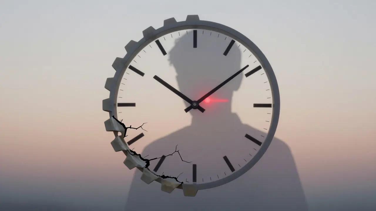 Hodiny s zuby jako ukazateli času, které se postupně rozpadají, symbolizující následky zanedbávání zdraví úst.