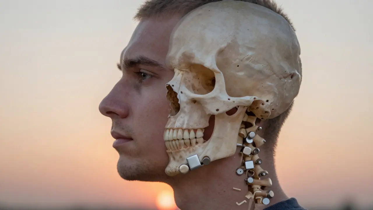 Koncepční obrázek obličeje s překrytou anatomickou strukturou kostí a kovových desek, symbolizující rekonstrukci.