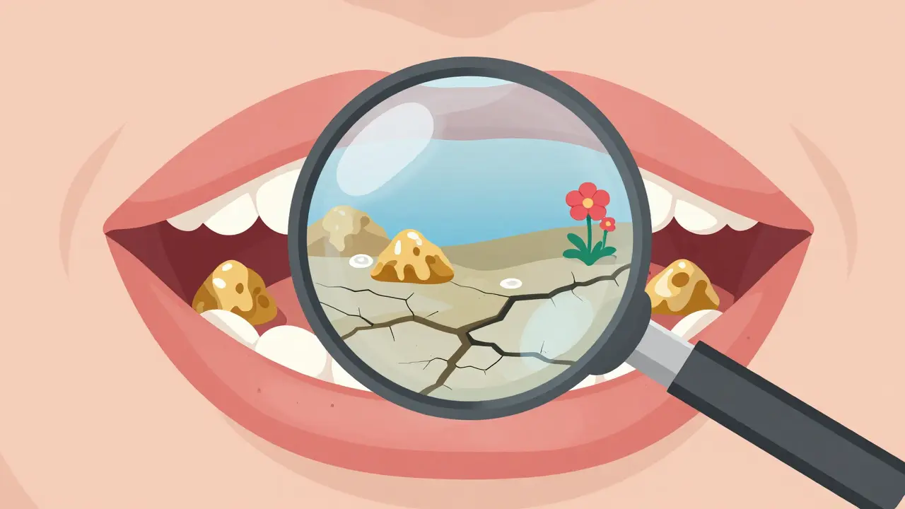 Koncepční zobrazení ústní dutiny jako krajiny s náledím, kazu a zánětem dásní.