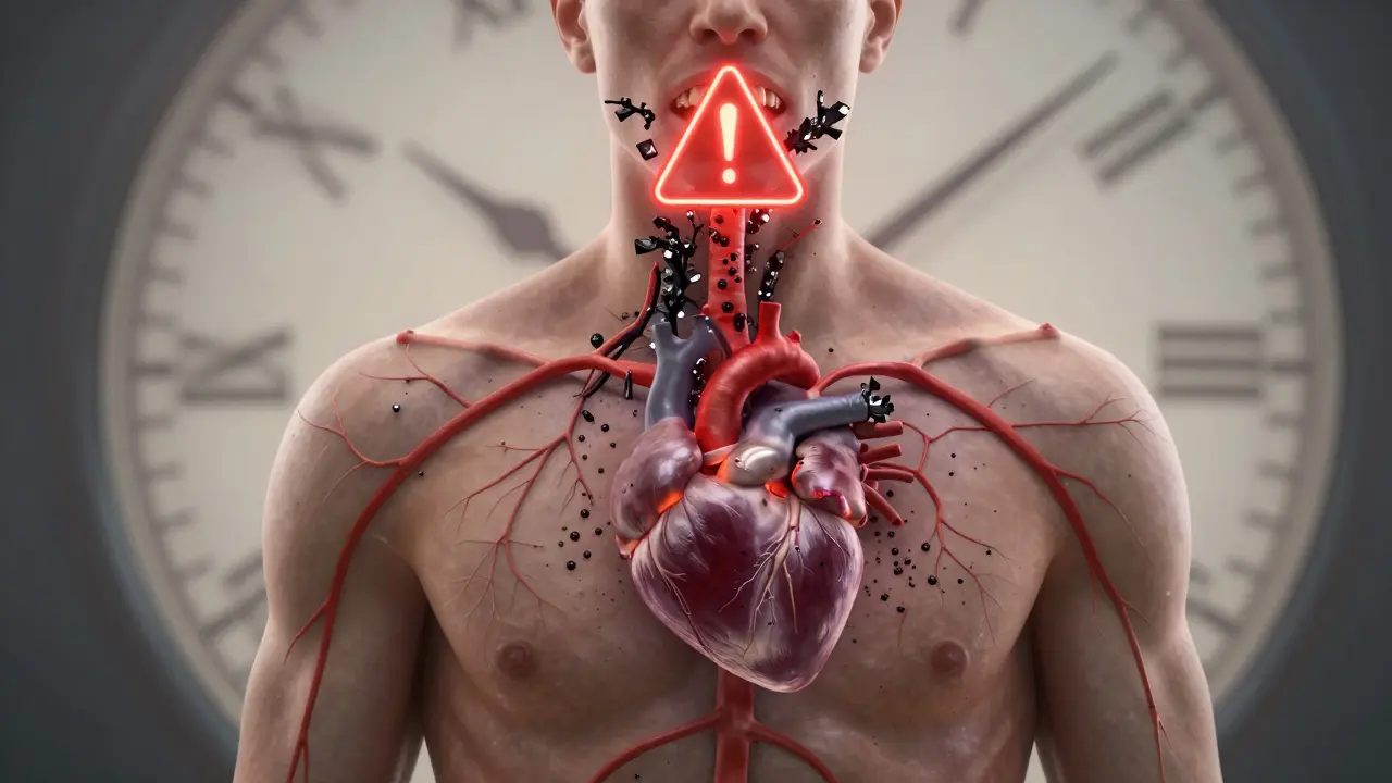 Konceptuální obrázek černého zubního kamene ovlivňujícího celé tělo