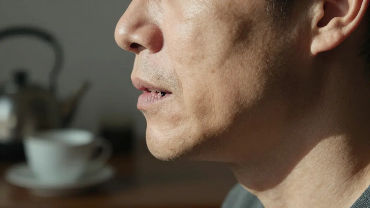 Obličej 35leté osoby s projevy stárnutí úst kvůli neodstraněnému zubnímu kamenu