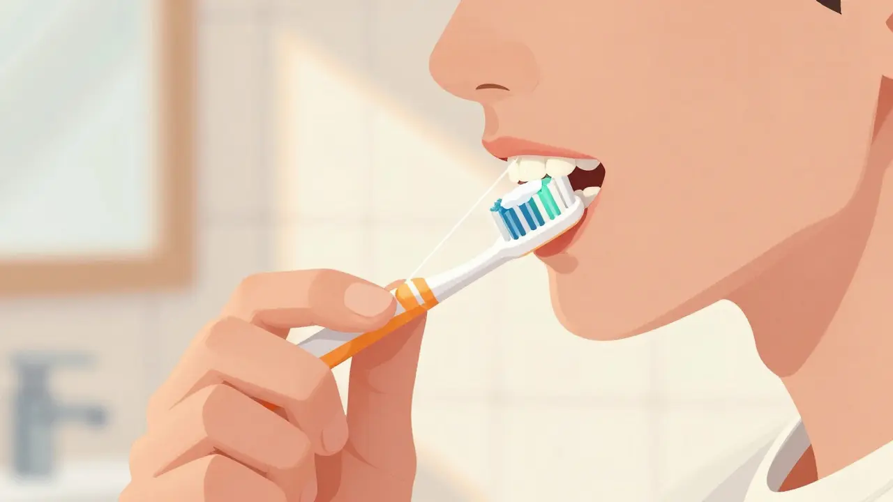 Osoba správně čistí zuby měkkým kartáčem a používá zubní nit.