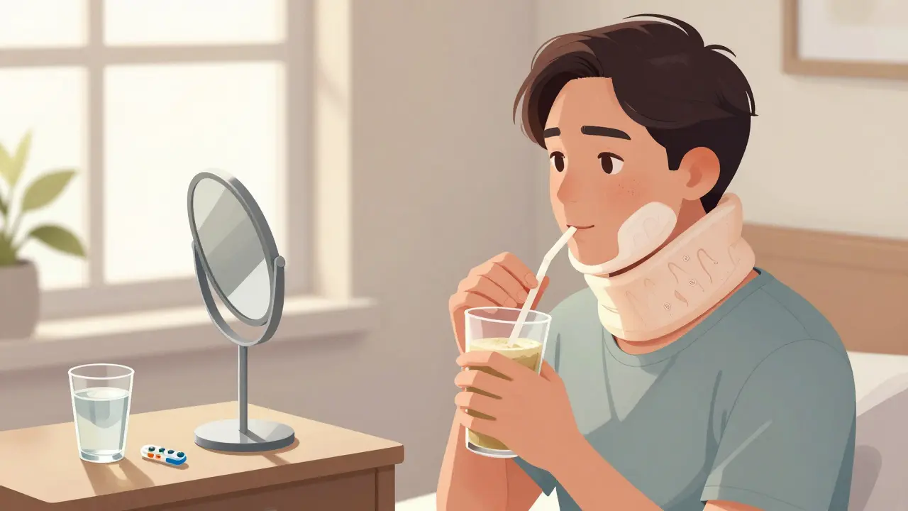 Pacientka se zotavuje po operaci čelisti, pije hladkou směs a má jemnou úlevu v obličeji.