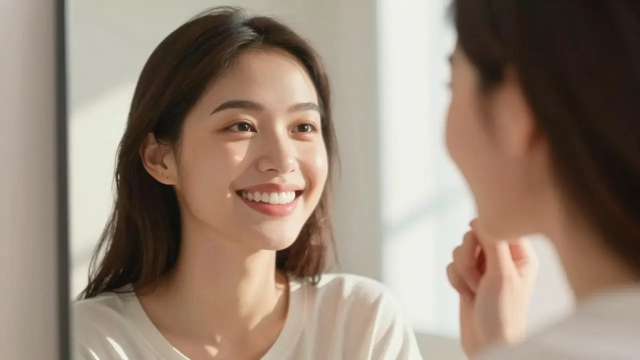 Person admiring their radiant, natural-looking smile in a mirror.