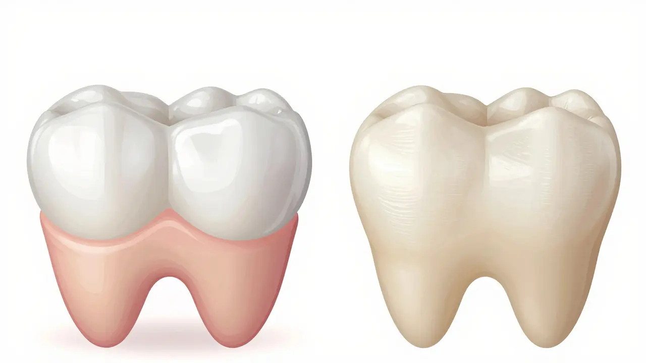 Porovnání porcelánové a kompozitní fazety na zubech s rozdílnou texturou