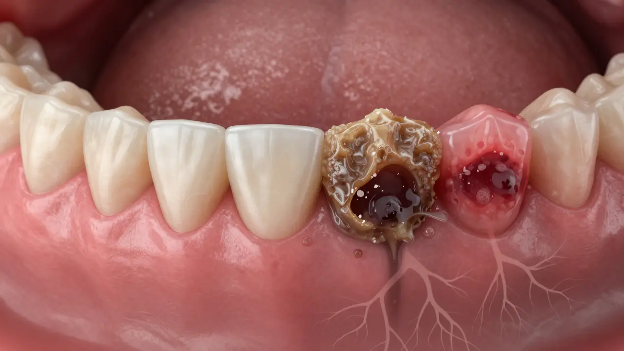 Porovnání zdravé a postižené dásně s kamenem, který ničí kost kolem zubu.