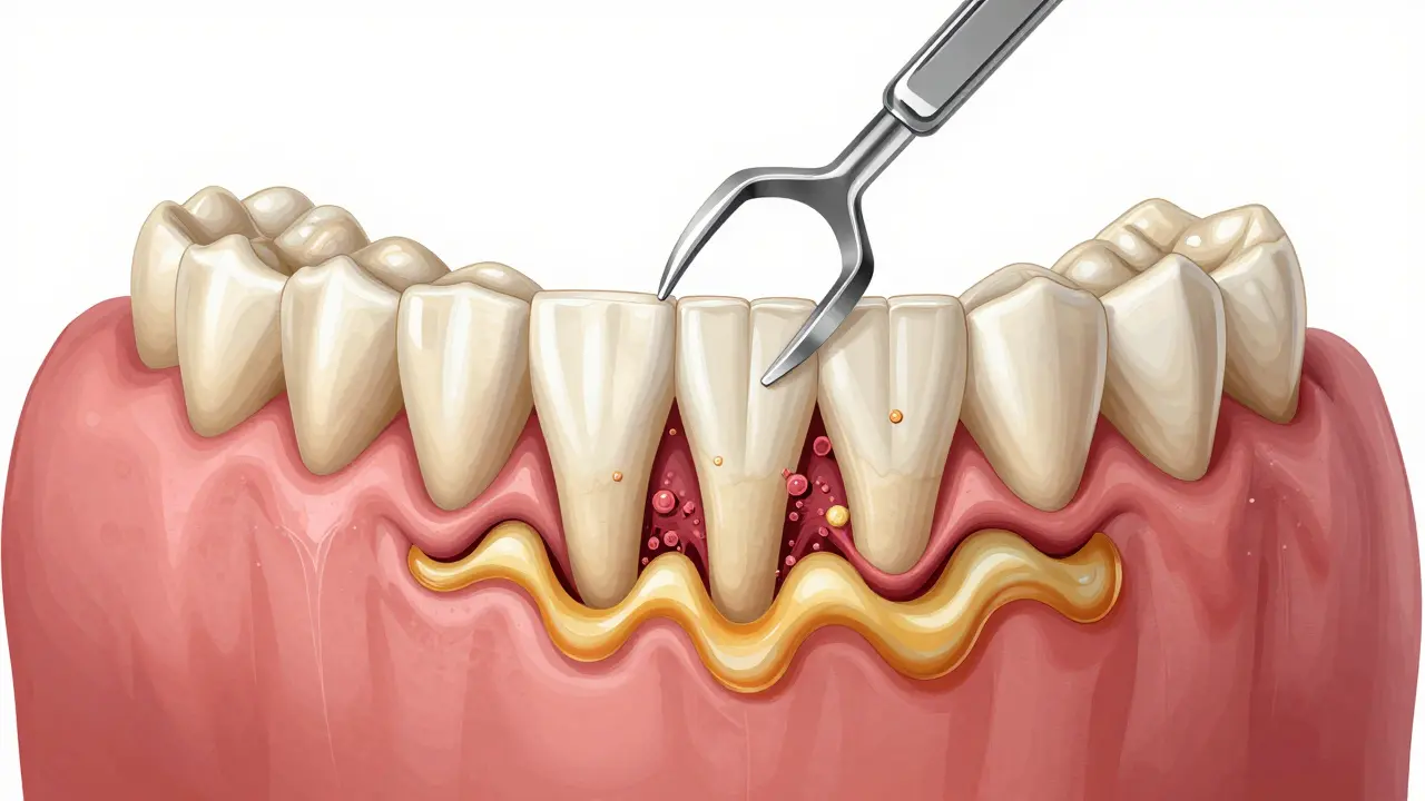 Průřez čelistí s kamenem, hnisem a ničením kosti.
