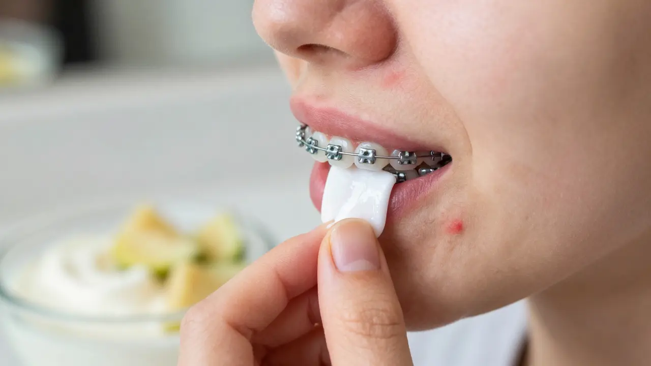 Ruka aplikuje bílý ortodonční vosk na vystupující drát rovnátek, na pozadí měkká strava.