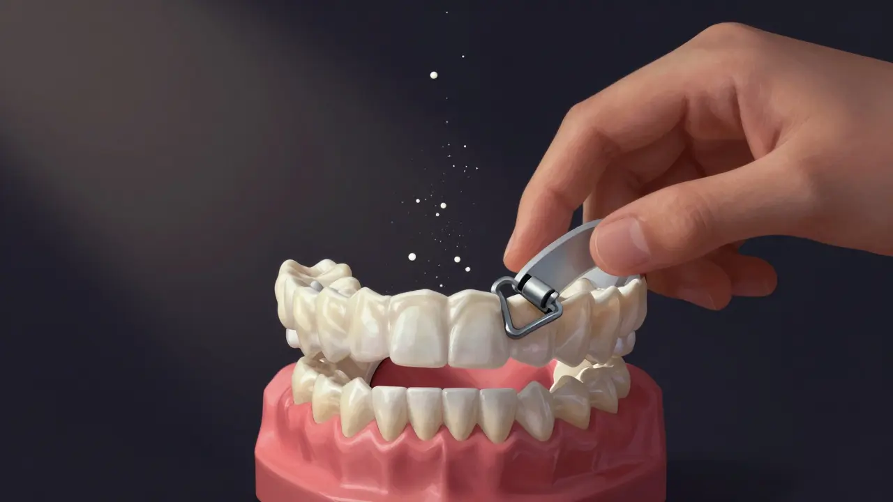 Ruka klade ochrannou nástavku na zuby pod klinickým osvětlením, zatímco částice stresových hormonů mizí.