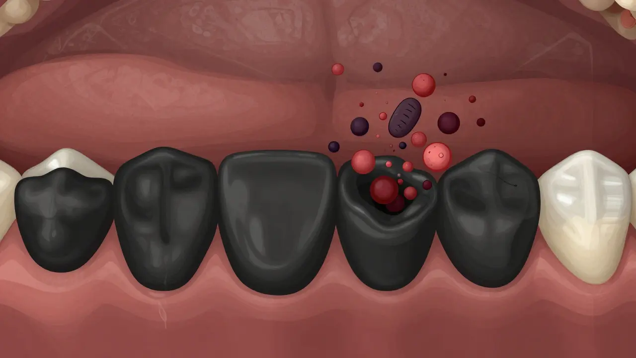 Srovnání zdravých a zánětlivých dásní pod vrstvou černého zubního kamene.