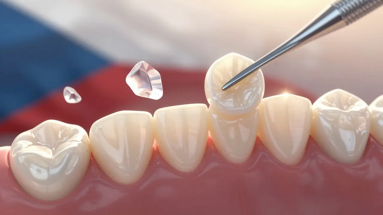 Ultra-thin ceramic veneers placed on natural teeth without drilling, glowing softly in warm light.