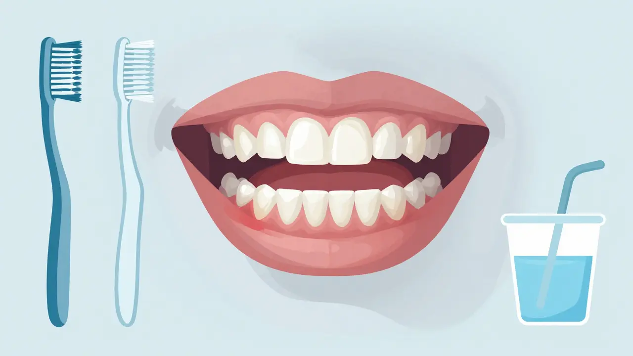 Vnitřní pohled na přední zuby s poškozenou sklovinou a zánětlivými dásněmi.