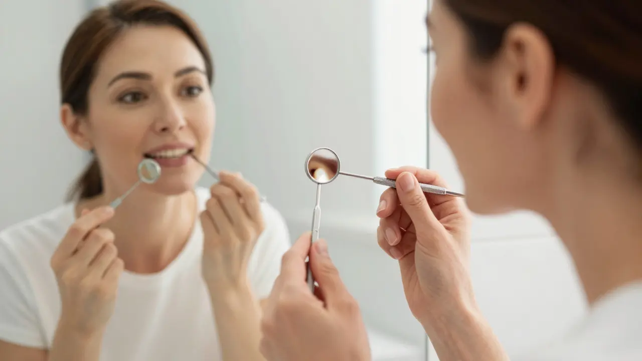 Žena se dívá do dentálního zrcátka v koupelně, kde je vidět zubní kámen na zubu.