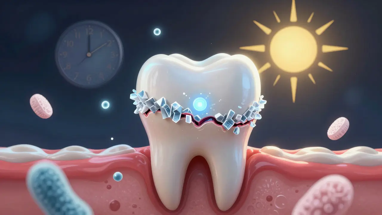 Zub s tvorbou fluorapatitu, sliny a vitamínem D jako ochranné síly proti kazu.