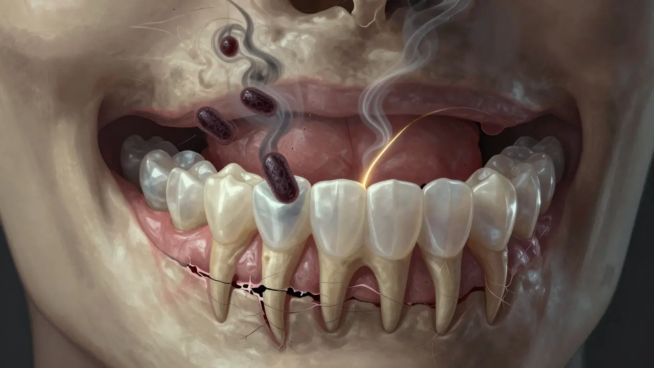 Zubní kořeny a rozpadající se kost v důsledku parodontózy s bakteriemi stoupajícími k srdci.