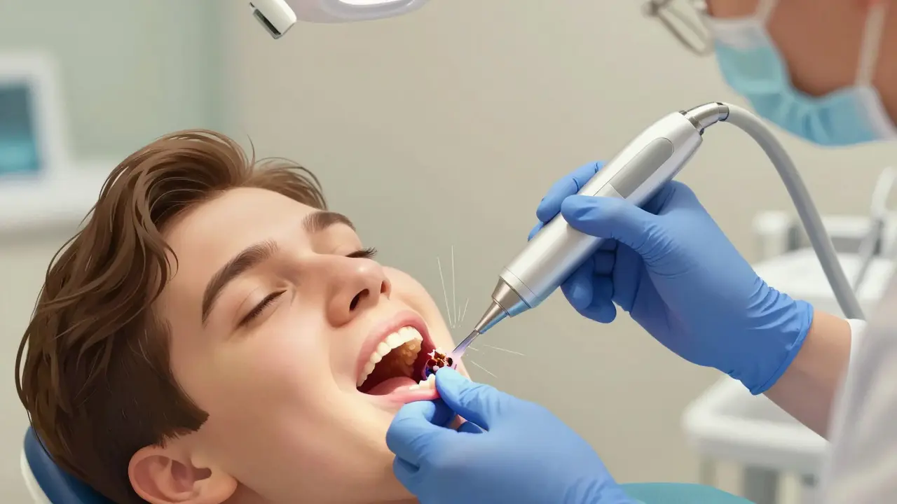 Zubní lékař odstraňuje zubní kámen ultrazvukovým čističem s vodním proužkem.