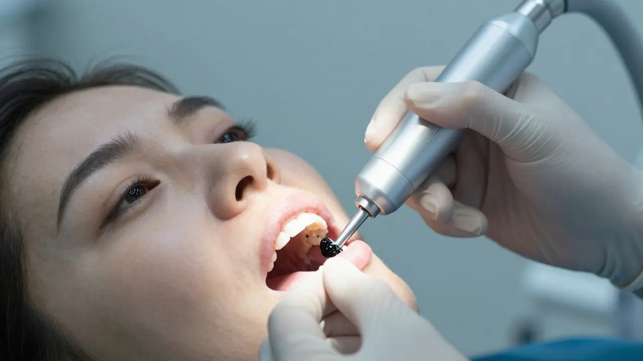 Zubní lékař odstraňuje zubní kámen ultrazvukovým čističem.