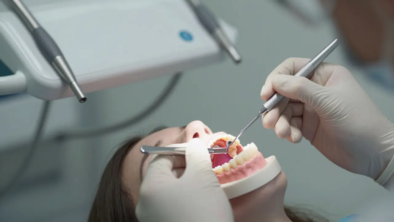 Zubní lékař připravuje odtisk zubů pomocí tvarovací hmoty v klinice