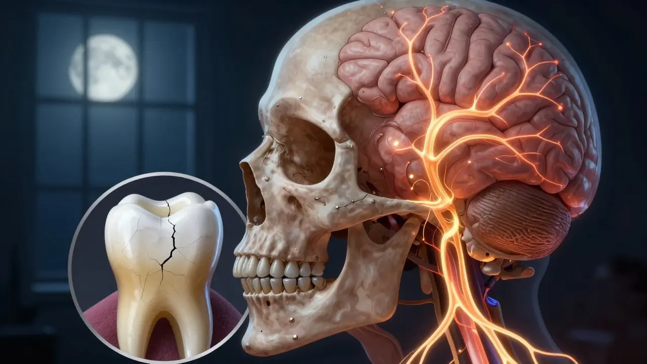 Zvětšený pohled na prasklou zubní sklovinu s propojenými nervovými cestami vedoucími k mozku v nočním prostředí.