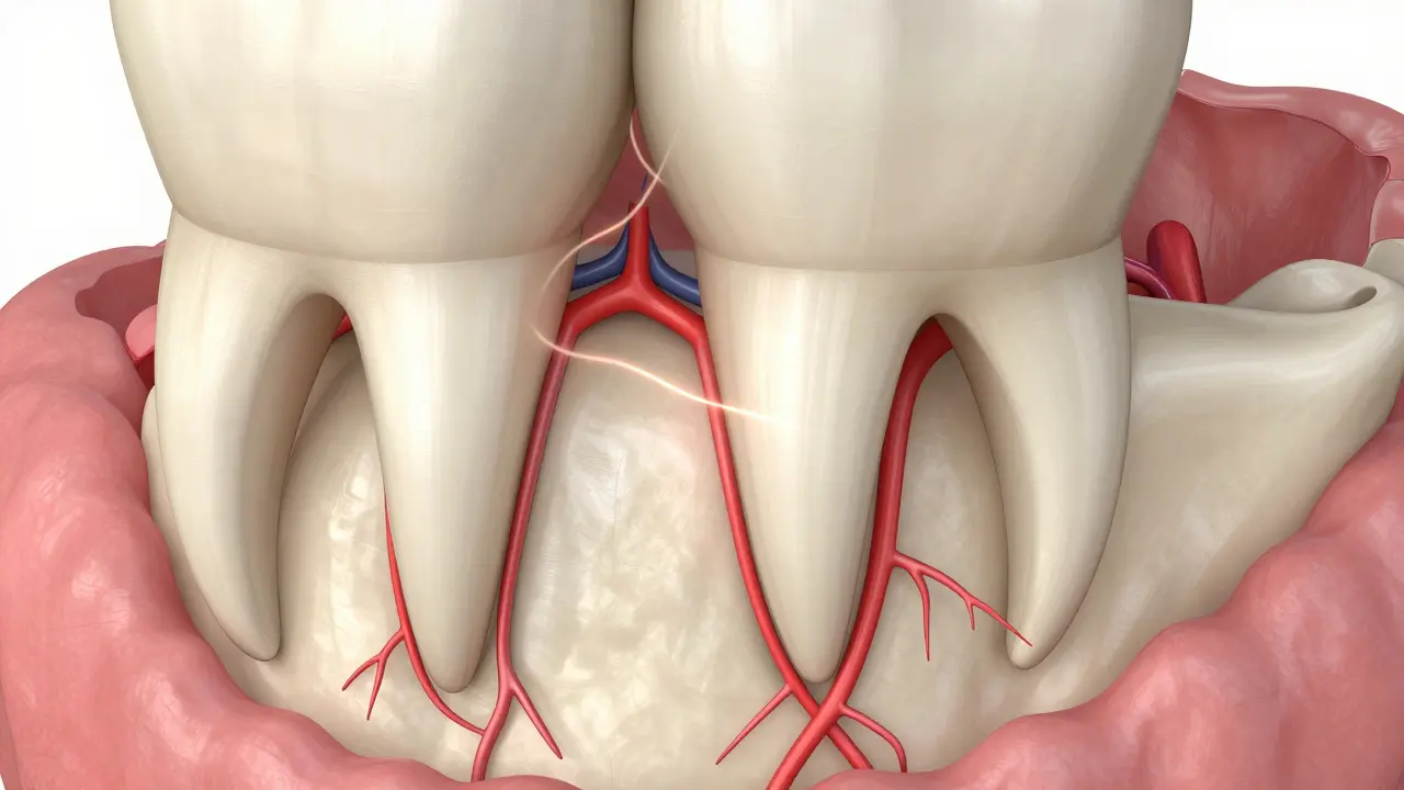 Anatomický pohled na kořeny zubů a okolní tkáně