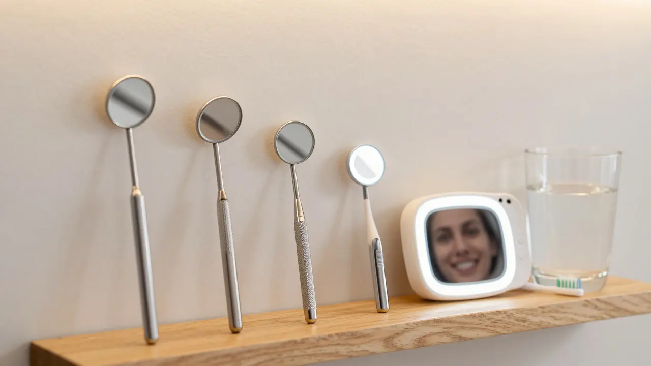 Čtyři typy dentálních zrcátek uspořádané podle pokročilosti na poličce.