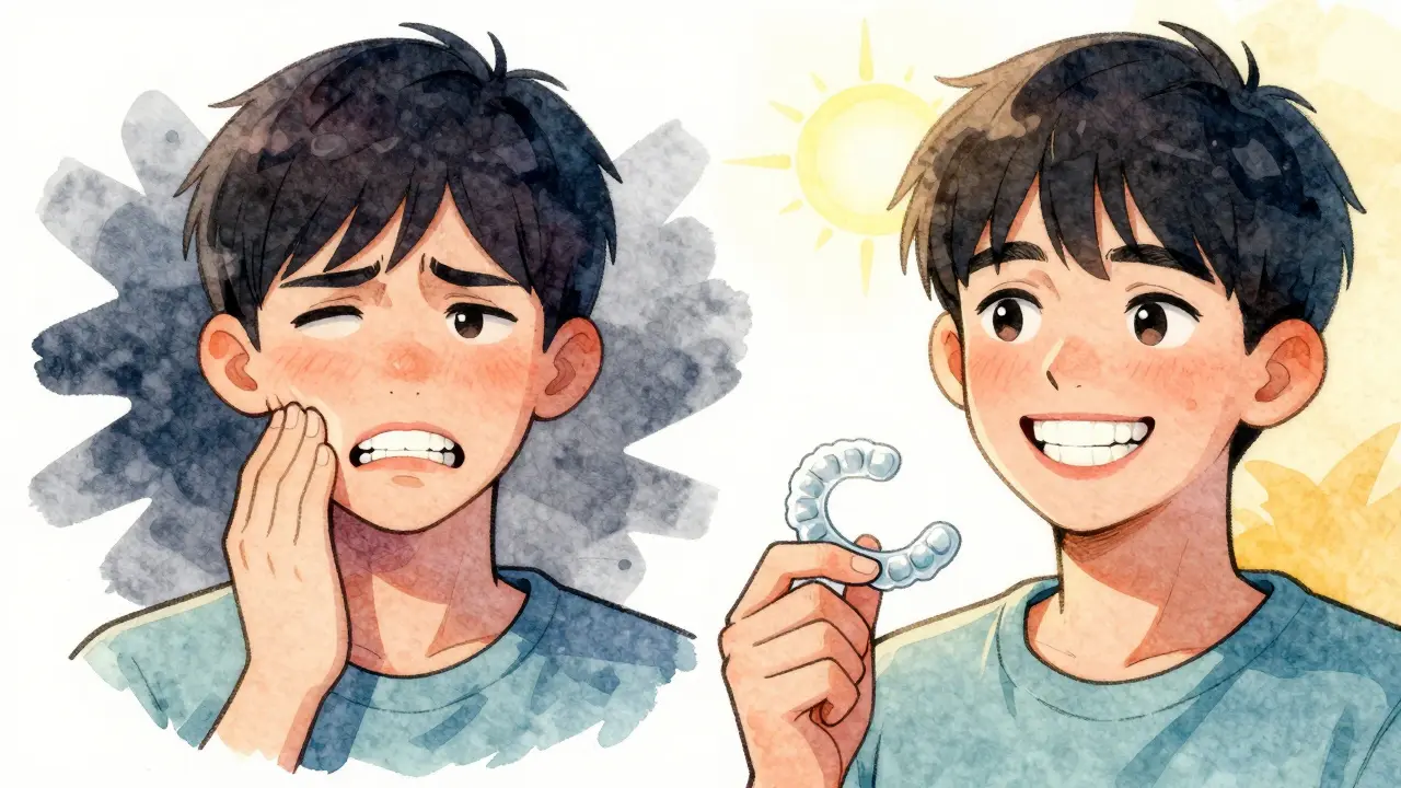 Dívka před a po ortodontické léčbě: z jedné strany bolesti a špatný vzhled, z druhé strany zdravý úsměv.