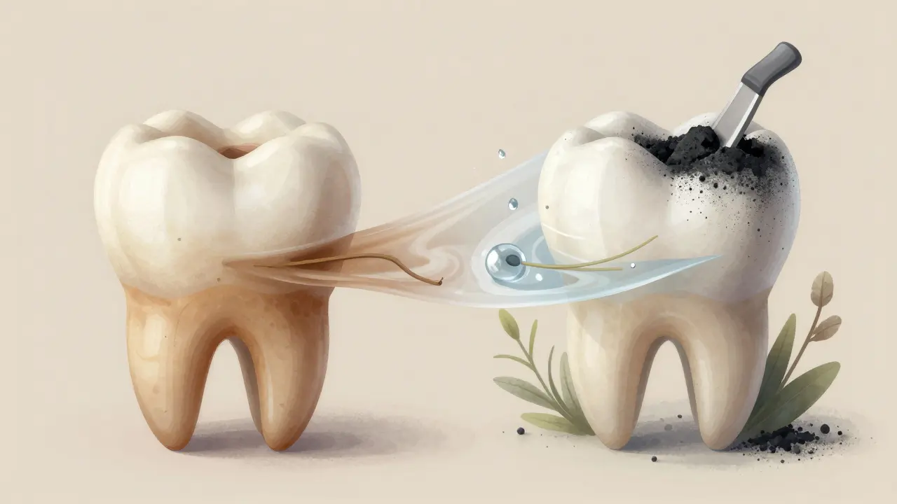 Dva zuby vedle sebe: jeden se skvrnami, druhý čistý po přírodní úpravě, znázorněno jako odstraňování povrchových nečistot.