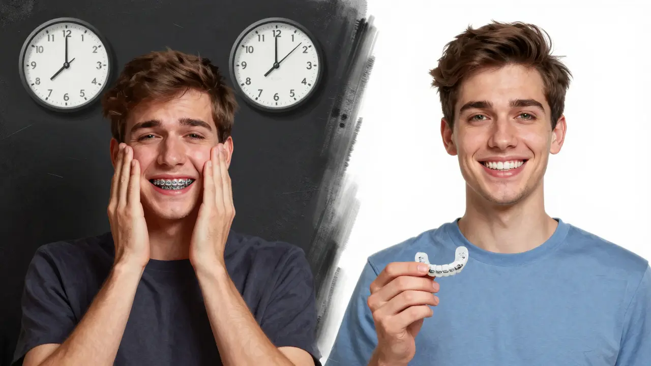 Dvě cesty ortodontické léčby: jedna s dlouhou a bolestivou léčbou, druhá s efektivní a moderní metodou.