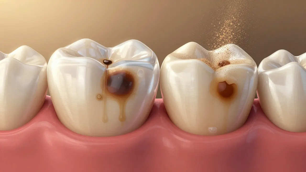 Dvě paralelní zuby: jeden s povrchovými skvrnami od kávy a čaje, druhý s abrazivními částicemi odstraňujícími nečistoty a obnovujícími sklovinku.