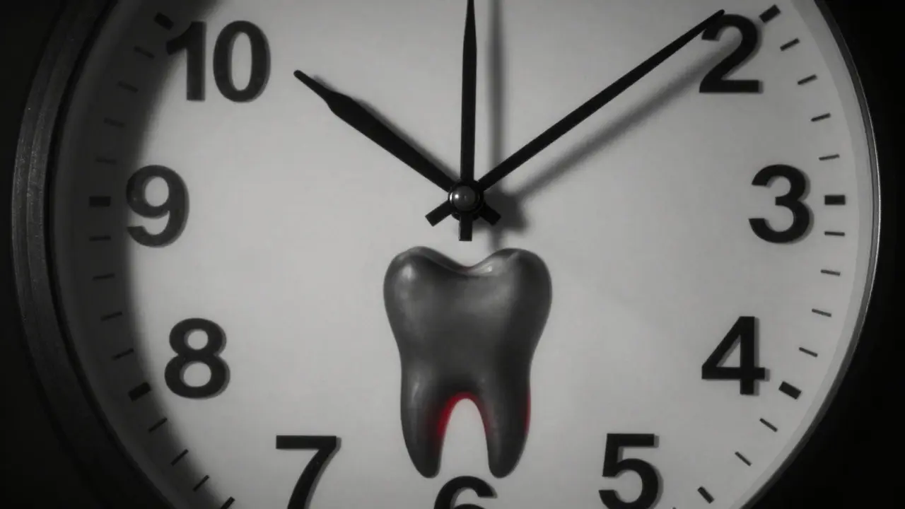 Hodiny na obličeji symbolizují noční bolest osmiček s těnou zubu moudrosti.