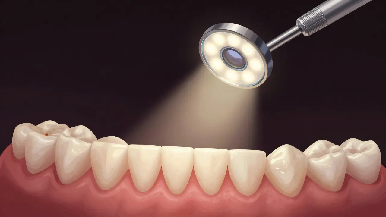 Hybridní dentální zrcátko s LED světlem a zvětšovací čočkou osvětluje ústní dutinu.