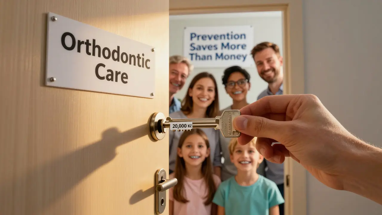 Klíč s částkou 20 000 Kč otevírá dveře k různým typům rovnátek, symbolizující prevenci a zdraví.