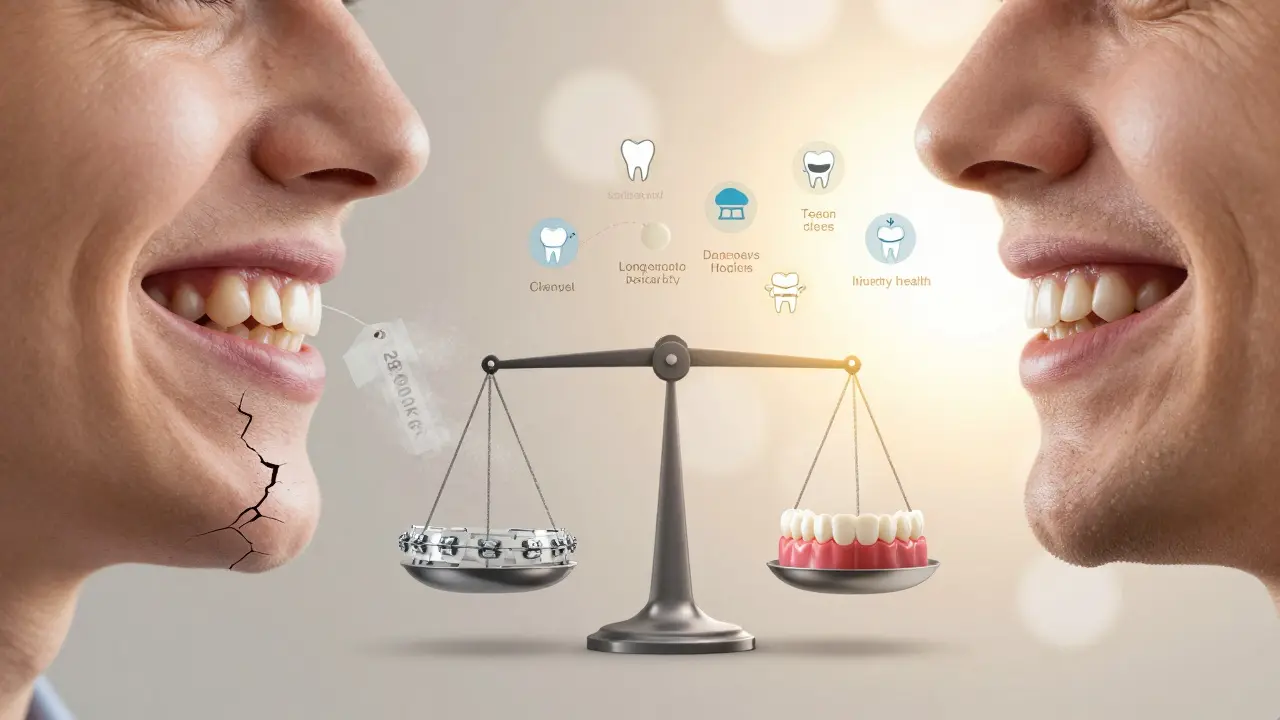 Kontrast mezi levnými rovnátky a dlouhodobou hodnotou zdravého úsměvu, zobrazený jako transformace přes čas.