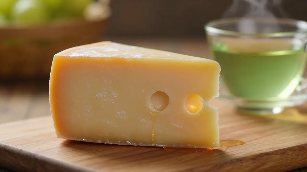 Kousek sýra chutnající na dásních s viditelnou slinou ochraňující zuby.