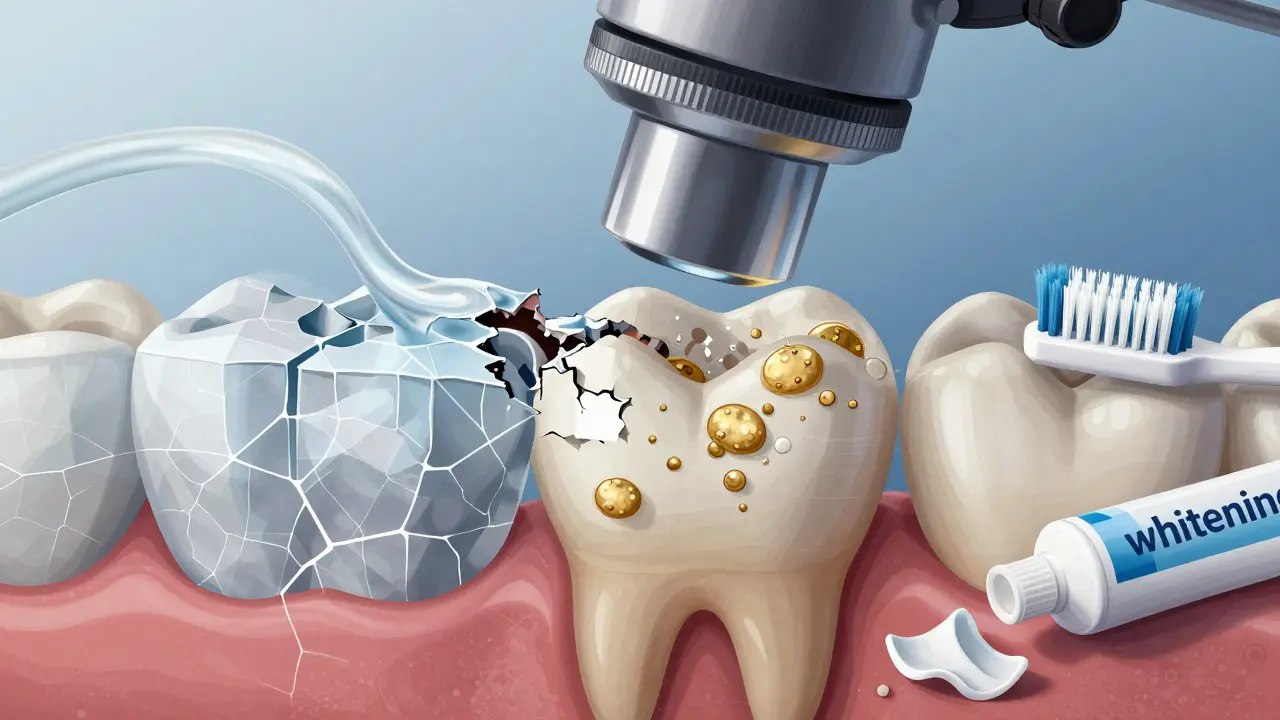 Mikroskopický pohled na poškozenou zubní sklovinu s kyselinou a obnovujícími slinami.