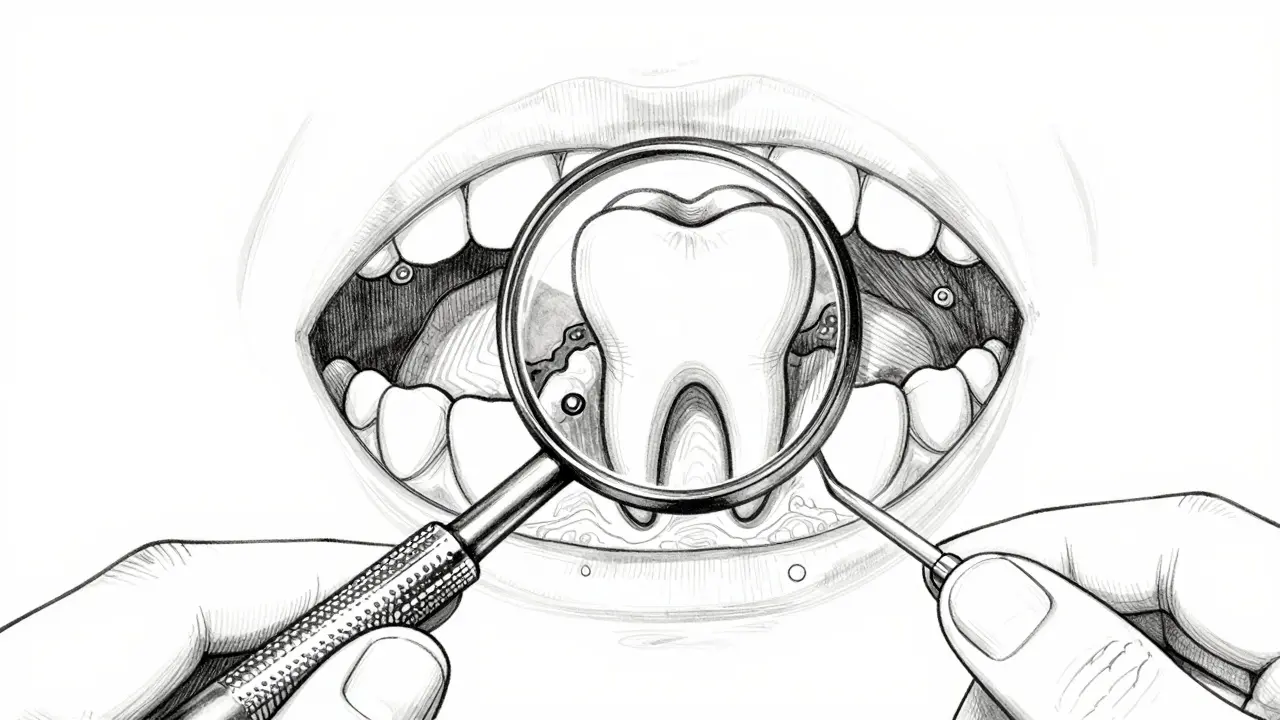 Minimální kresba dentálního zrcátka, které odrazuje zbytky plaku a krvácení dásní.