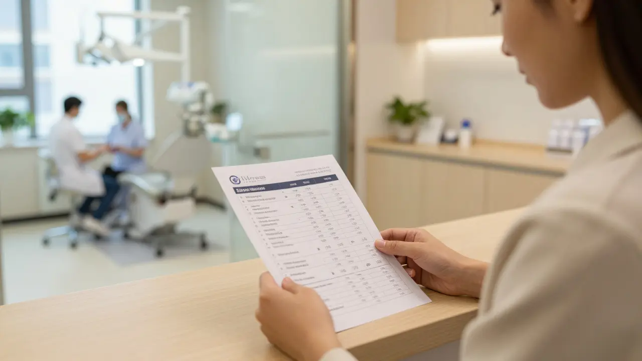 Moderní ordinace kde pacient přezkoumává nabídky ošetření