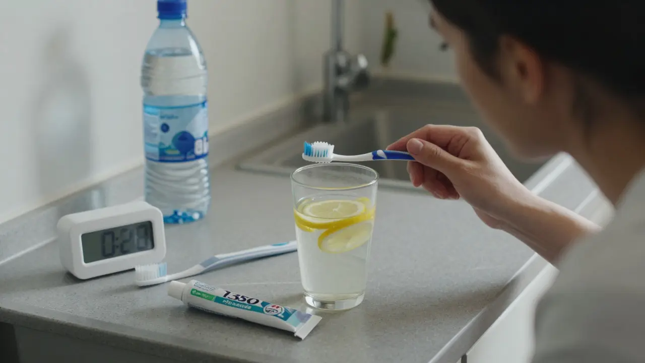 Osoba před kuchyňským stolem s limonádou a měkkým štětcem, čeká 30 minut před čištěním.