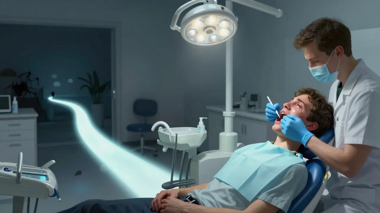 Pacient v zubní klinice pod osvětlením, za ním výrazná cesta z temného domu do jasné ordinace.