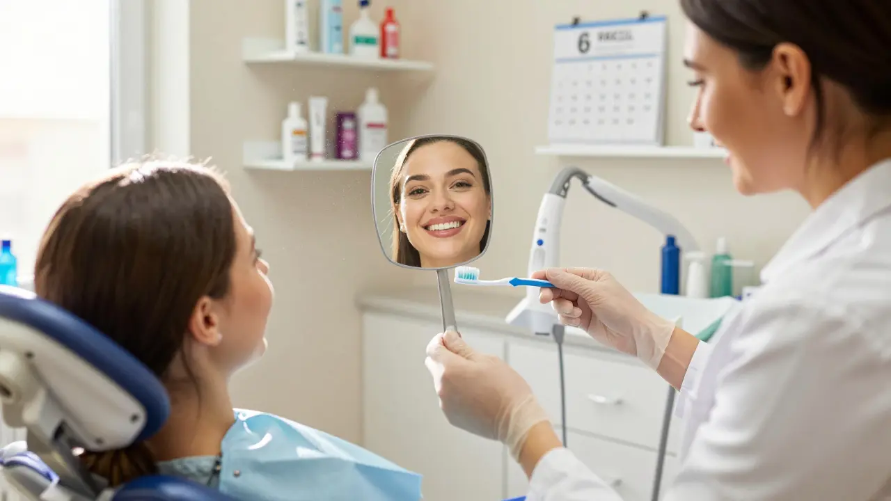 Patient smiling after professional dental cleaning in a clinic.
