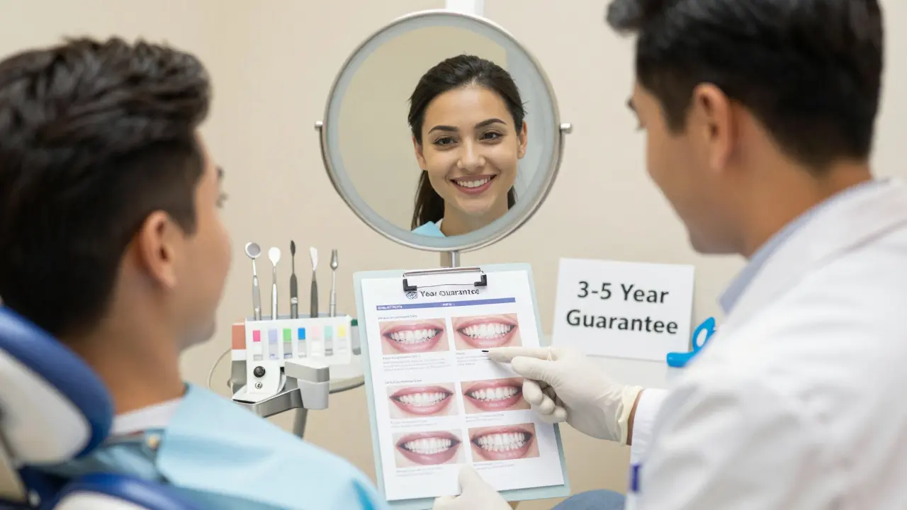 Patient smiling in dental clinic with before-and-after veneer photos on display