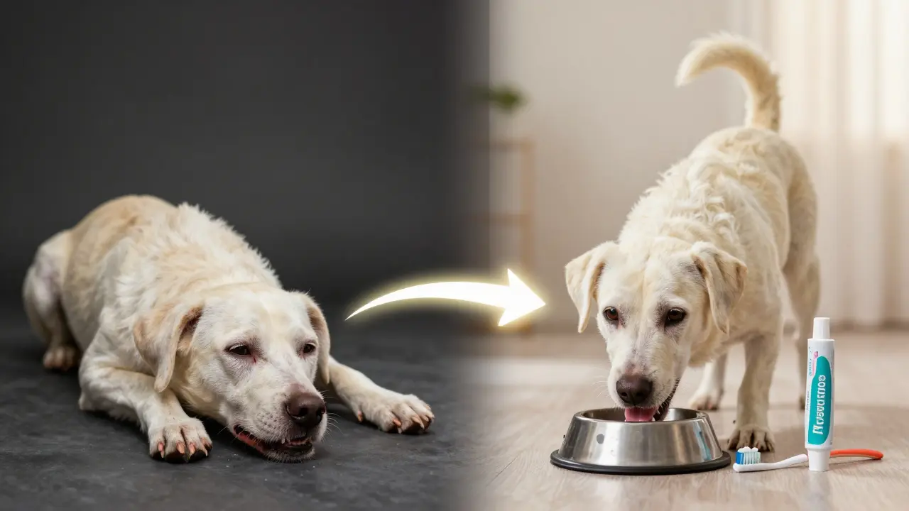 Pes před a po léčbě zubního zánětu: z unaveného na veselého.