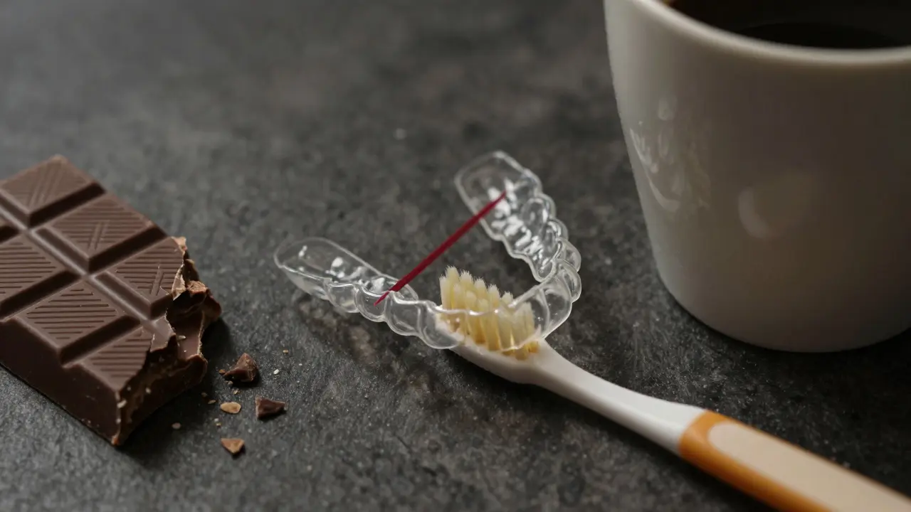 Poškozená rovnátka vedle čokolády a kávy — důsledky jídla s rovnátky.