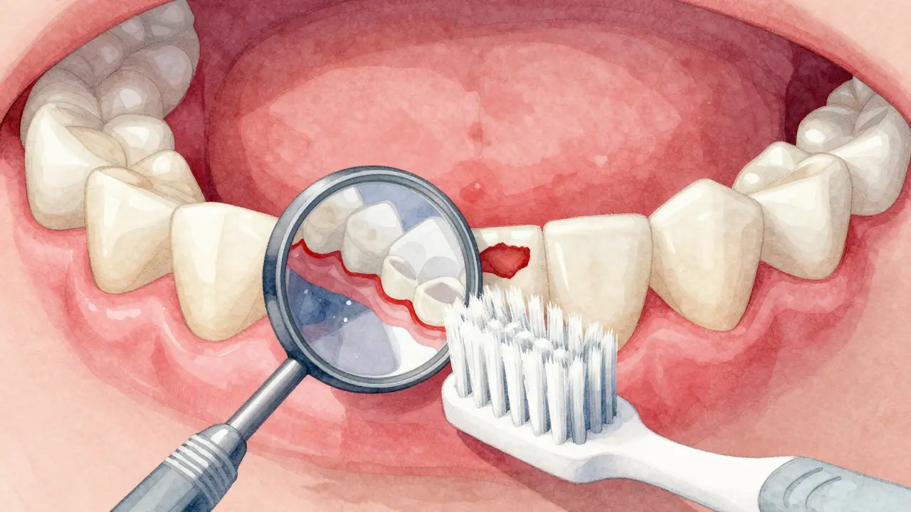 Přiblížený pohled na zuby a dásně s viditelným plakem a zánětem, zrcátko odrazuje detaily.