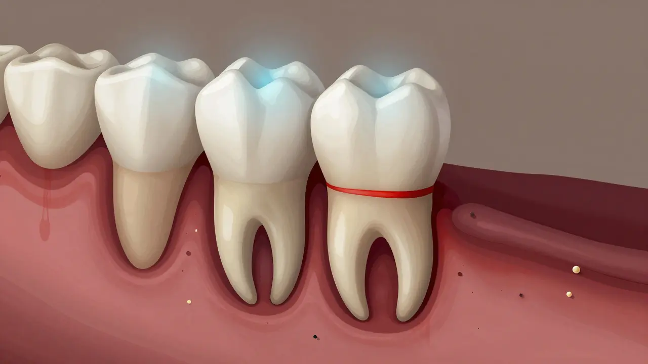 Příčný řez čelisti s osmičkou rostoucí šikmo a zánětem okolní tkáně.